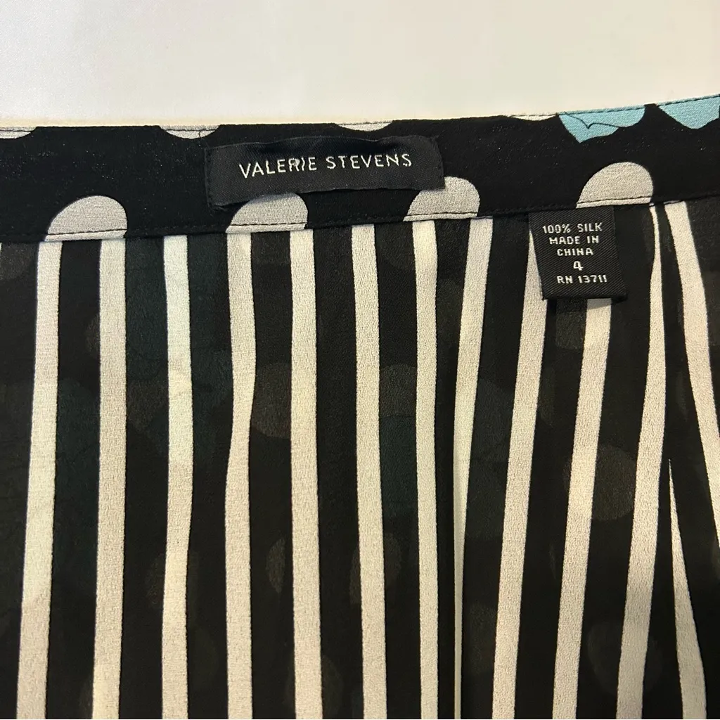 Valerie Stevens Skirt Size 4 100% Silk Floral Polka Dot Black‎ White Teal - Image 5