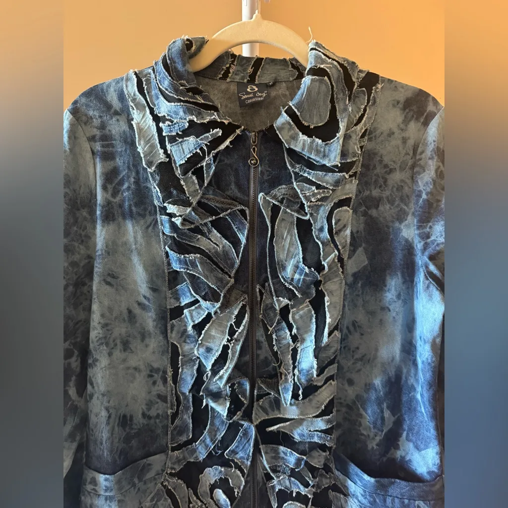 Samuel Dong Artistic Abstract Mesh Ruffle Blue Jean Zip Up Shirt Shacket JacketM Size M - Image 3