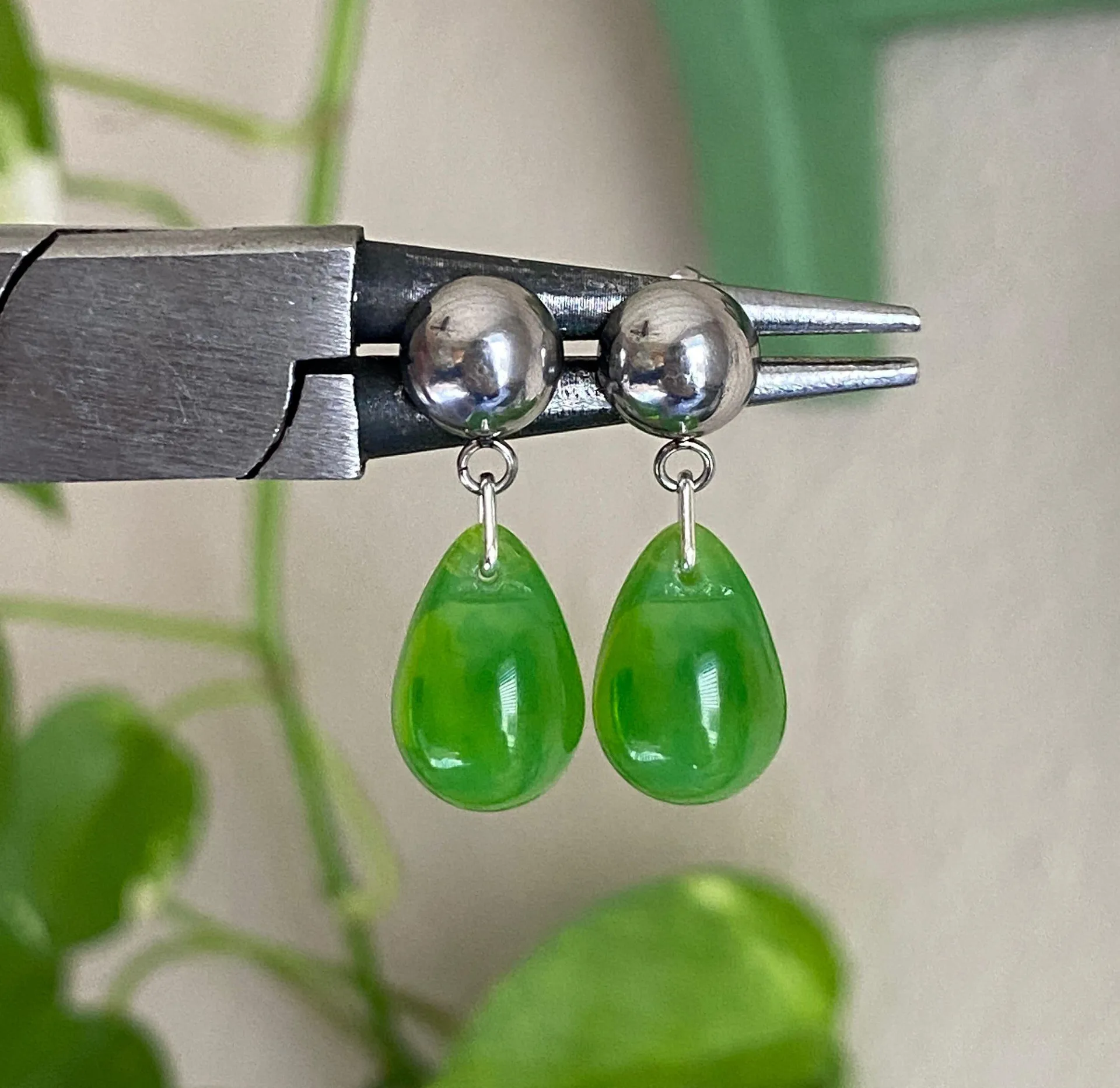 green opal teardrop Czech glass simple minimalist earrings💚 - Image 6