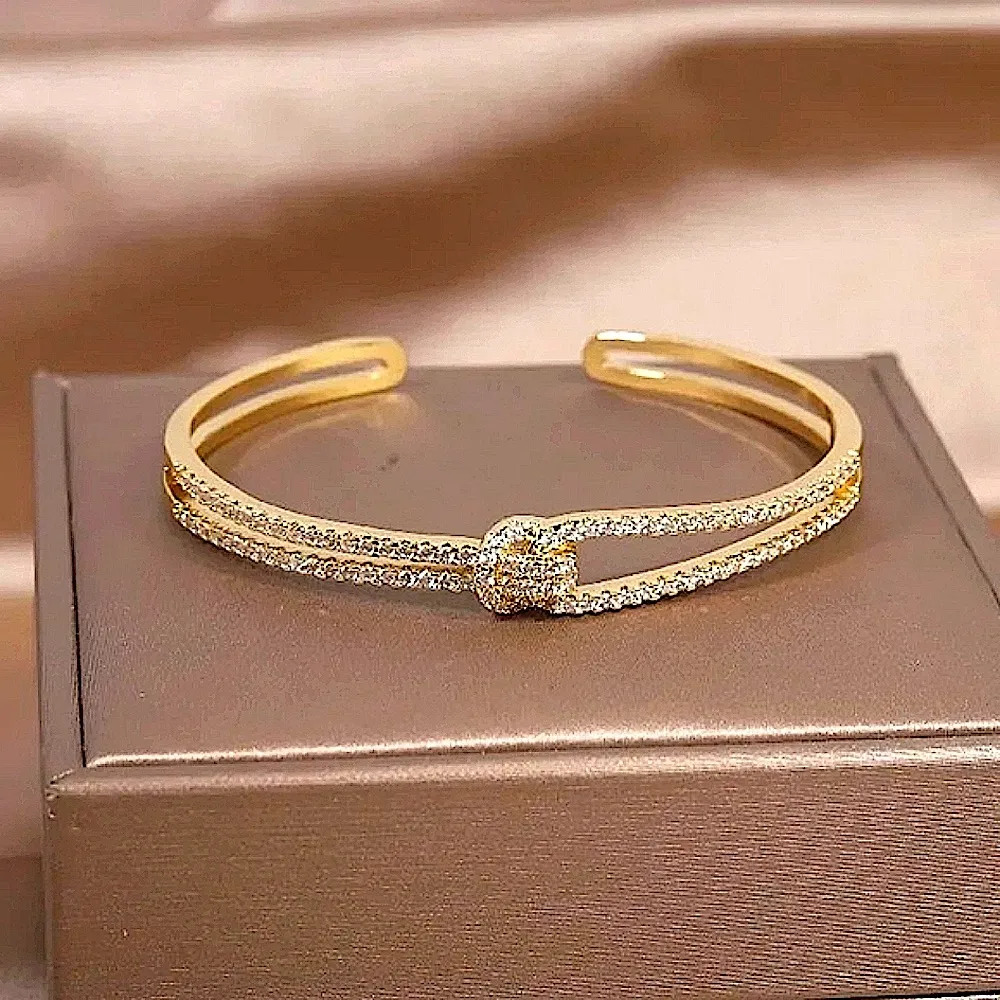 Women's 18k Gold Plated Knot Bling Simulated Diamond Cuff Bracelet, ‎ Adjustable - Image 5