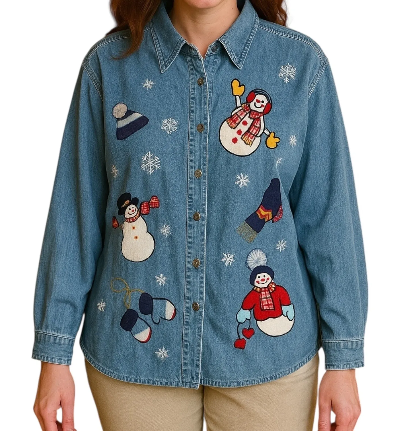 Vintage Womens Denim Shirt 18/20W Snowman Embroidered Christmas Button Front Y2K - Image 1