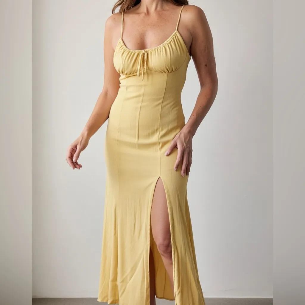 Mahina Maui Boutique Yellow Ribbed Midi Dress Large Front Slit Adjustable Straps - Image 6