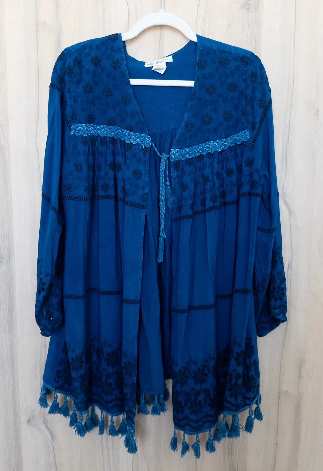 Indigo Thread Boho Embroidered Kimono Cardigan Size M Blue Tassel Floral Cottage Size M - Image 1
