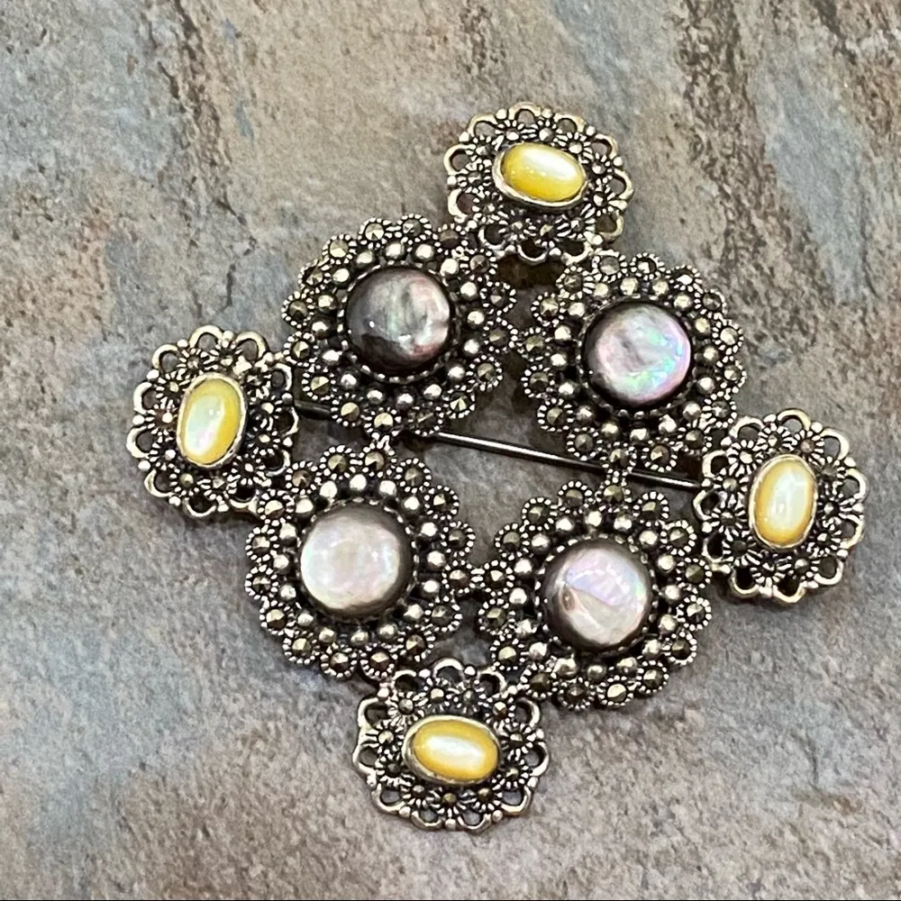 Vintage 925 Sterling Silver Filigree Marcasite Abalone Yellow Moonstone Brooch - Image 7