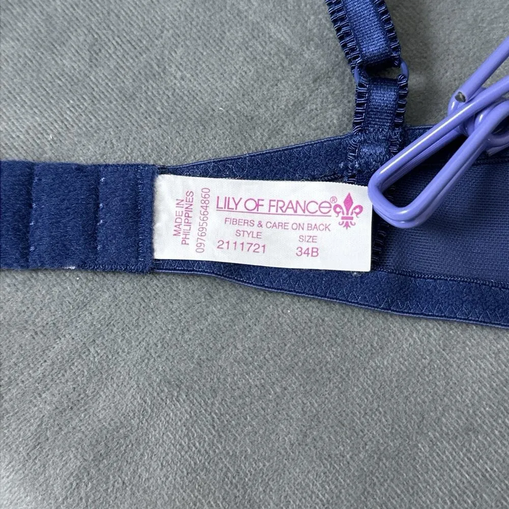 Vintage Lily of France 2111721 Embroidered Push Up Underwire Bra Womens 34B Blue - Image 7