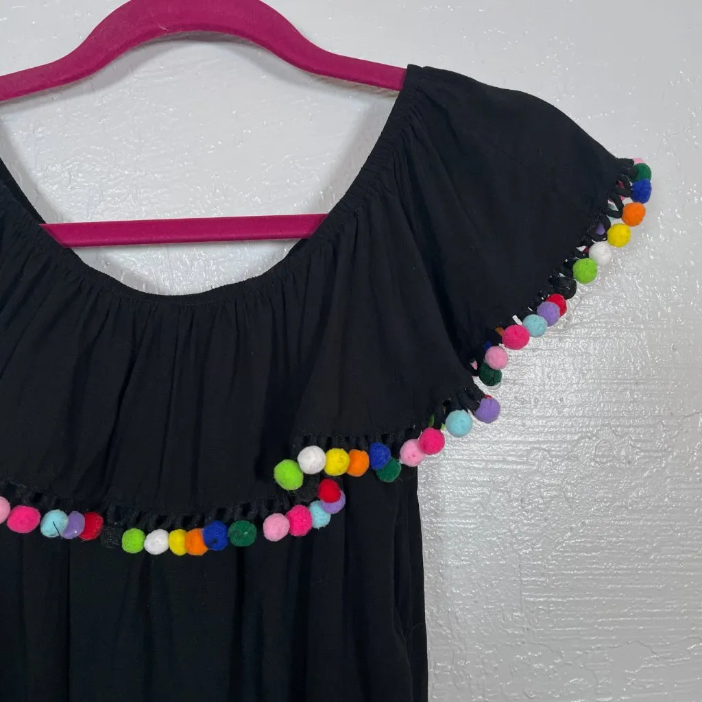 Collectif Women S Black Pom Pom Blouse Off the Shoulder Pinup Retro VLV - Image 5