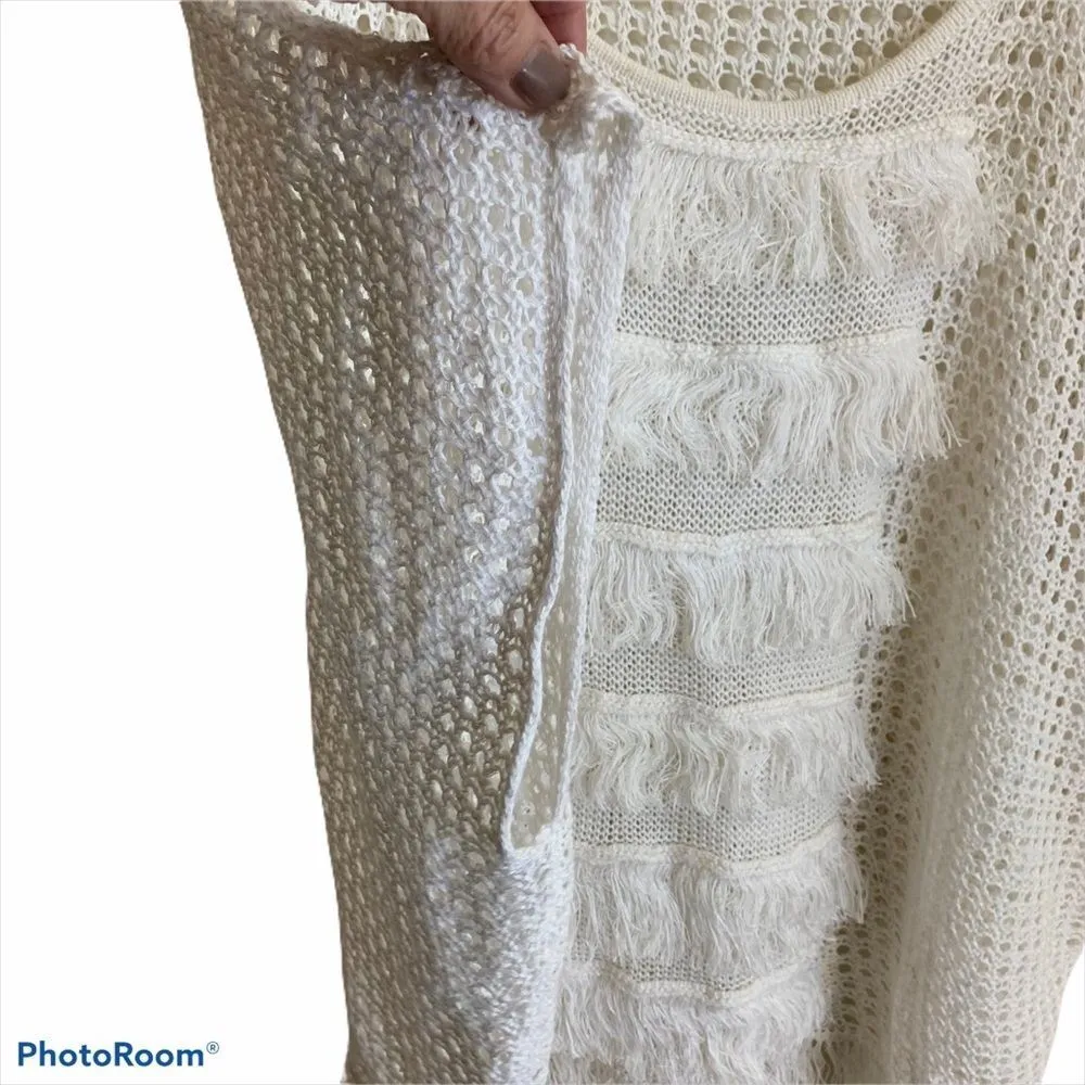 TRINA TURK Women's‎ White Anja Fringed Poncho Short Sleeve Sweater SMALL - Image 5