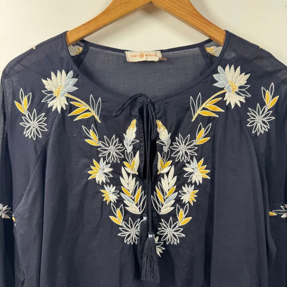 Tory Burch Top Women 4 Blue Cotton Embroidered Floral Print Blouse Peasant Boho - Image 2