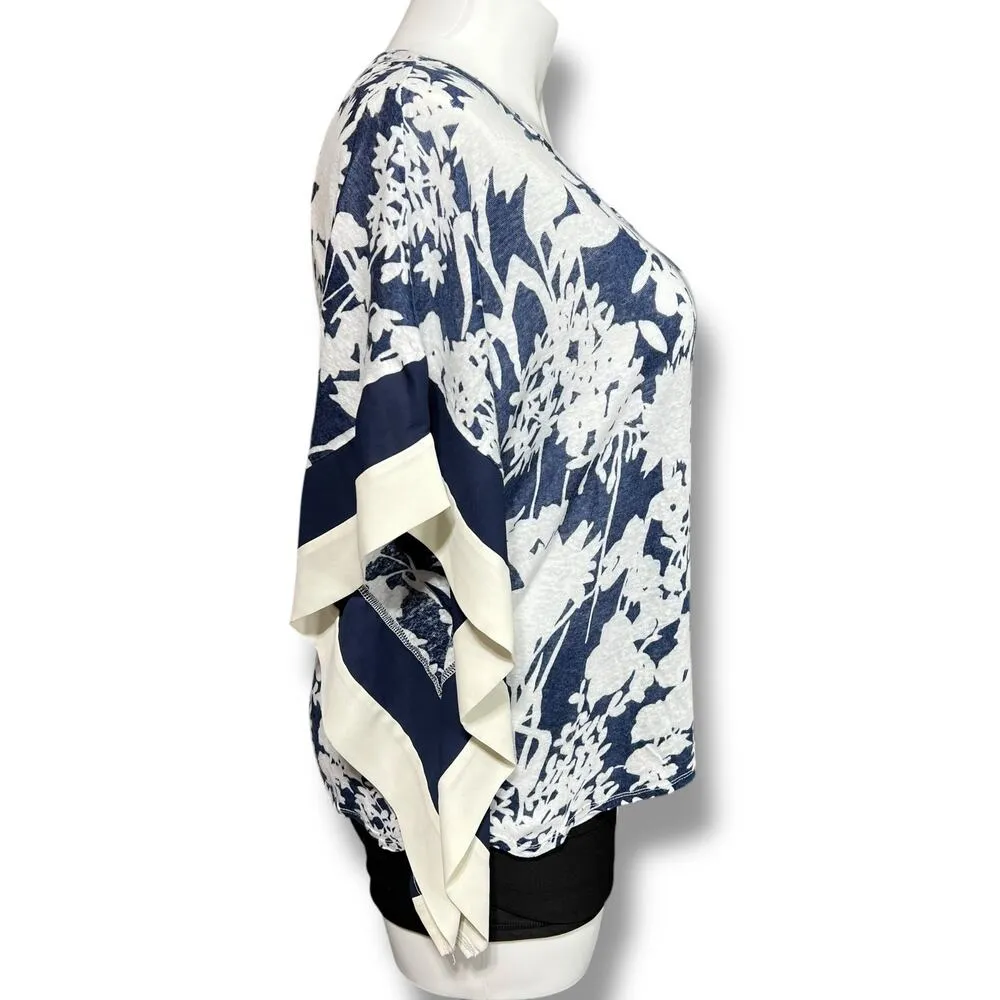 Coldwater Creek Womens Kimono Blouse Shirt Top Linen Floral Pullover Blue White - Image 3