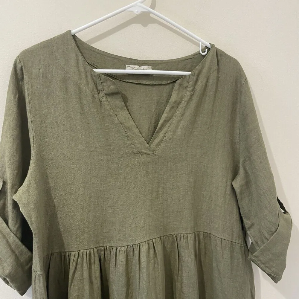 Bellambra Green 100% Linen Tiered Casual Summer Dress Size S Italian Designer - Image 3