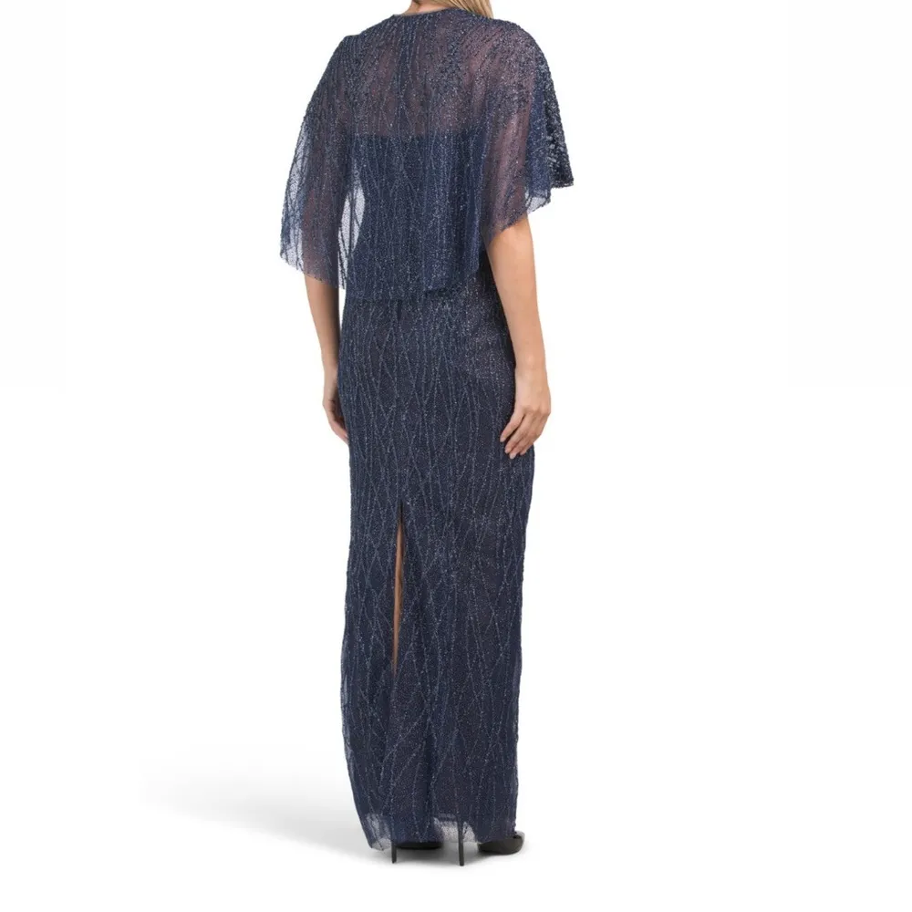 Marchesa Notte Formal Beaded Sequin Column Evening Gown with Removable Cape Blue Size 6 - Image 2