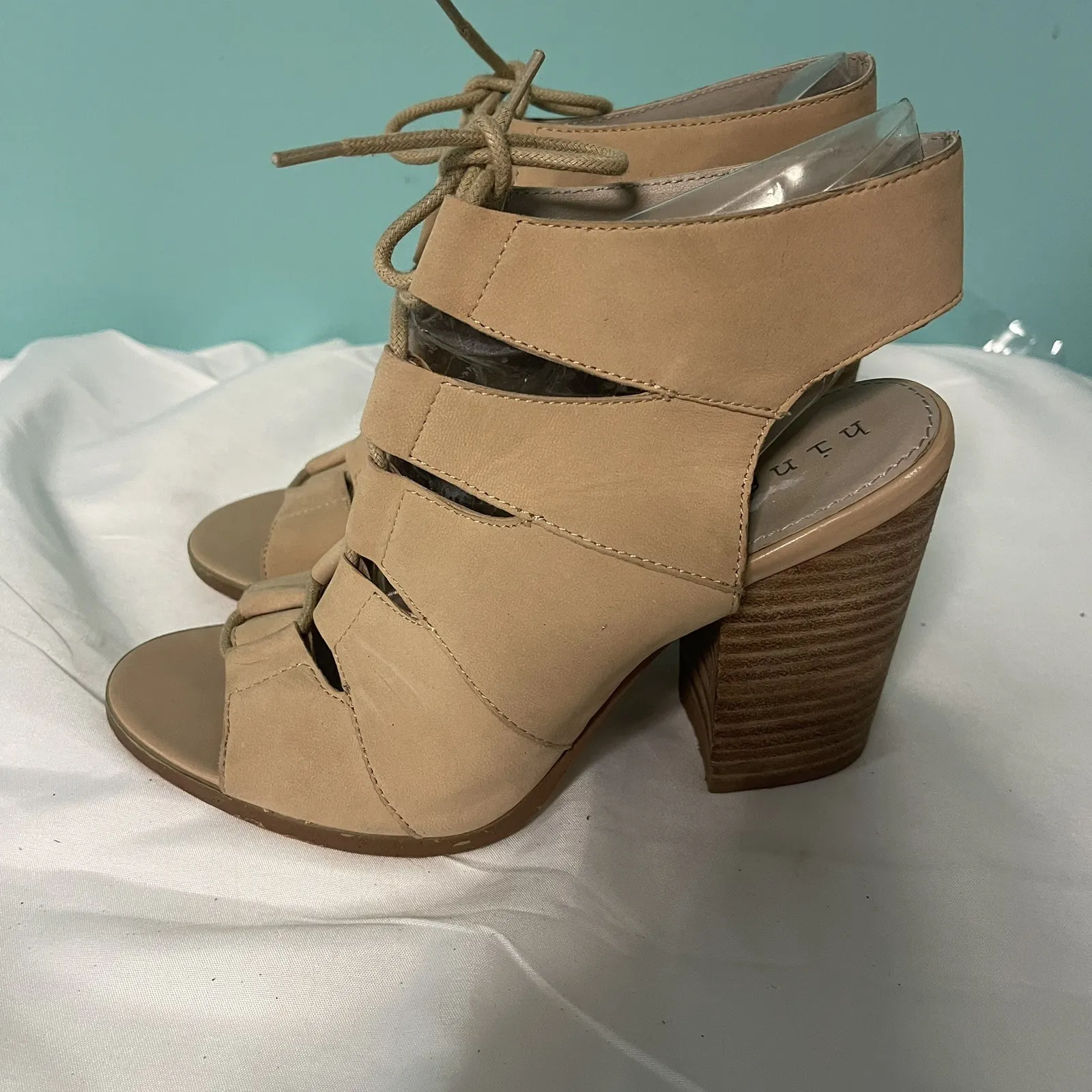 Hinge Beige Suede Lace-up Open-toe‎ Block Heel Shoes Women Size 7.5 S-356 - Image 4