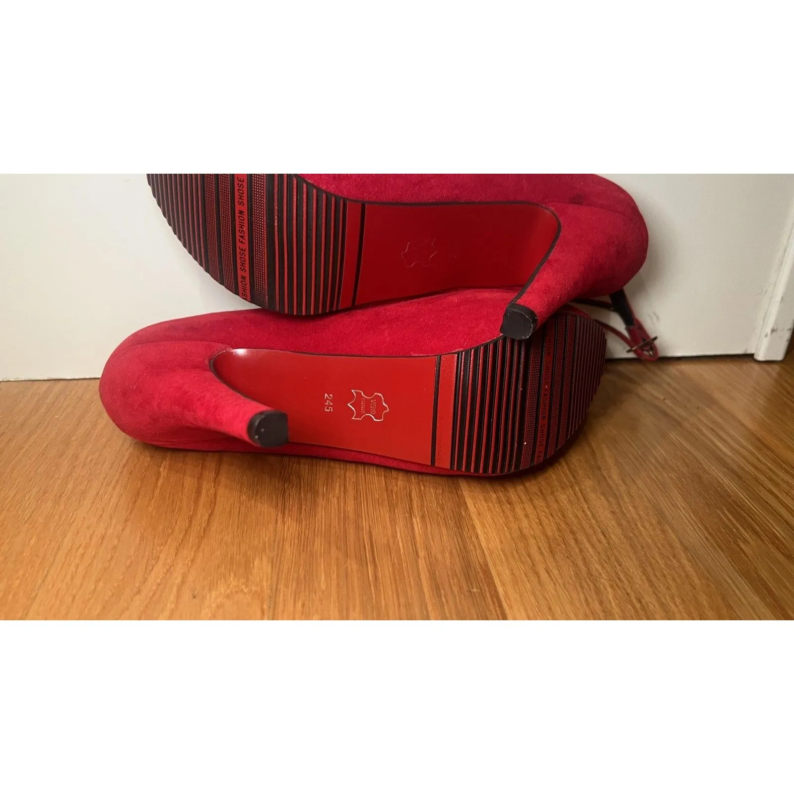 Mary Jane Platform Shoes Womens Size 7.5 Red Suede Ankle Strap Stiletto Pumps - Image 8