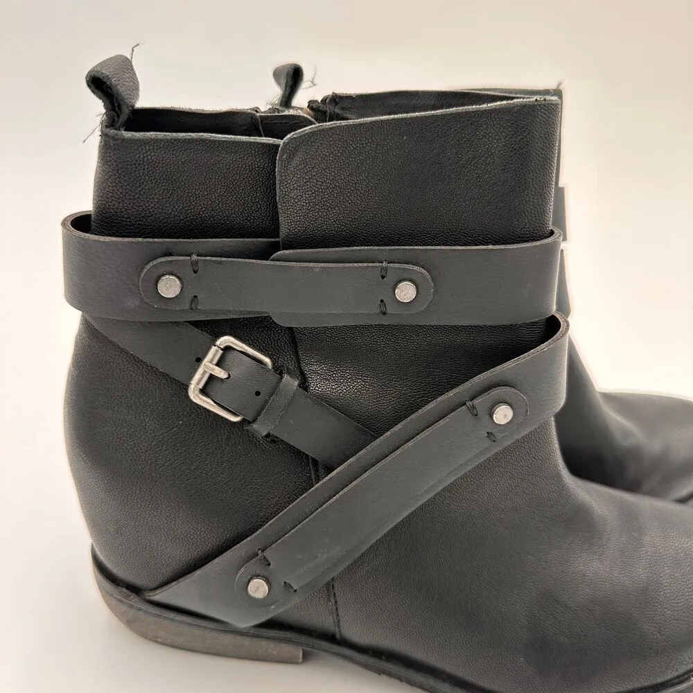 Joe’s Black Leather Strappy Buckle Wedge Heel Booties Boots Size 8 - Image 6