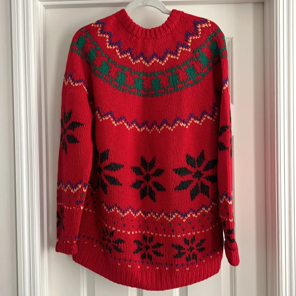 Vintage Shetland 100% Wool Sweater Fair Isle Chunky Knit holiday / Christmas Red Size L - Image 4