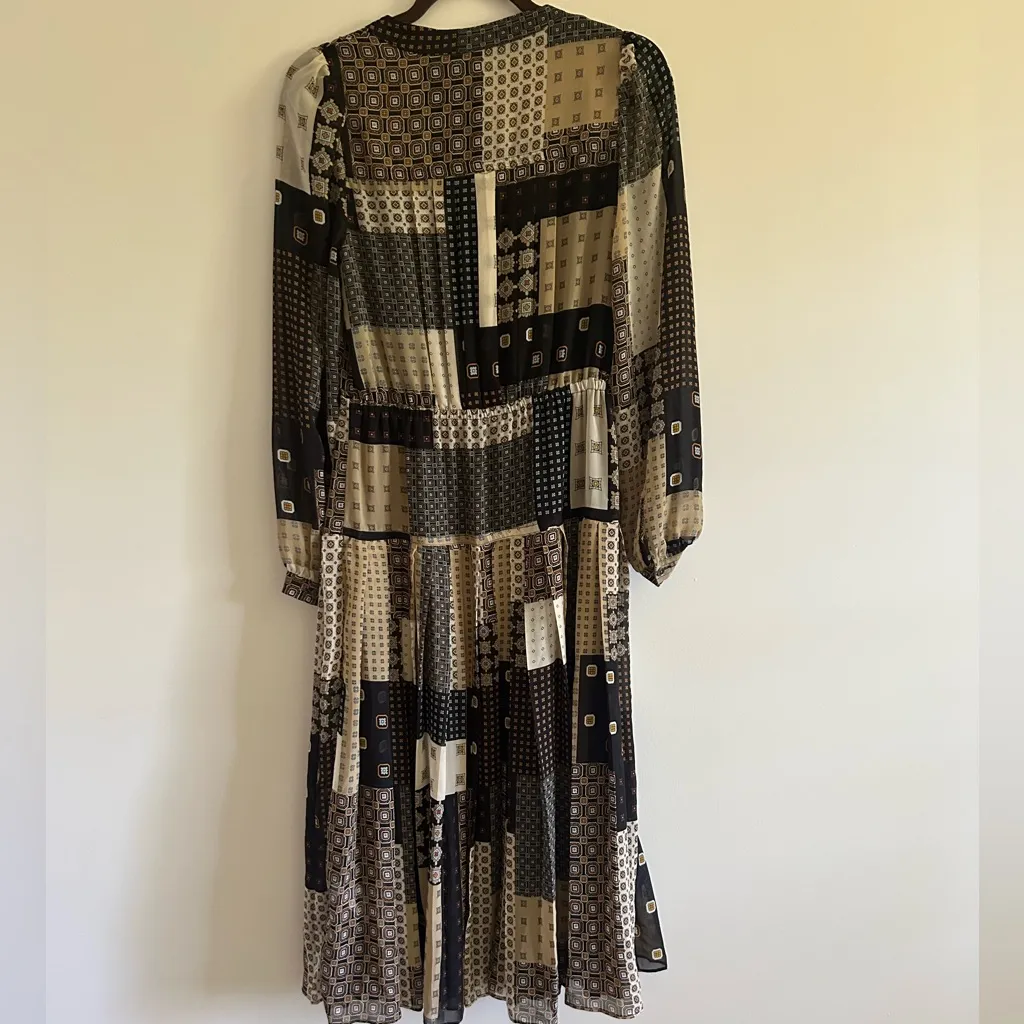 Banana Republic Pleated Long Sleeve Midi Dress Patchwork Foulard Print Size XS - Image 7