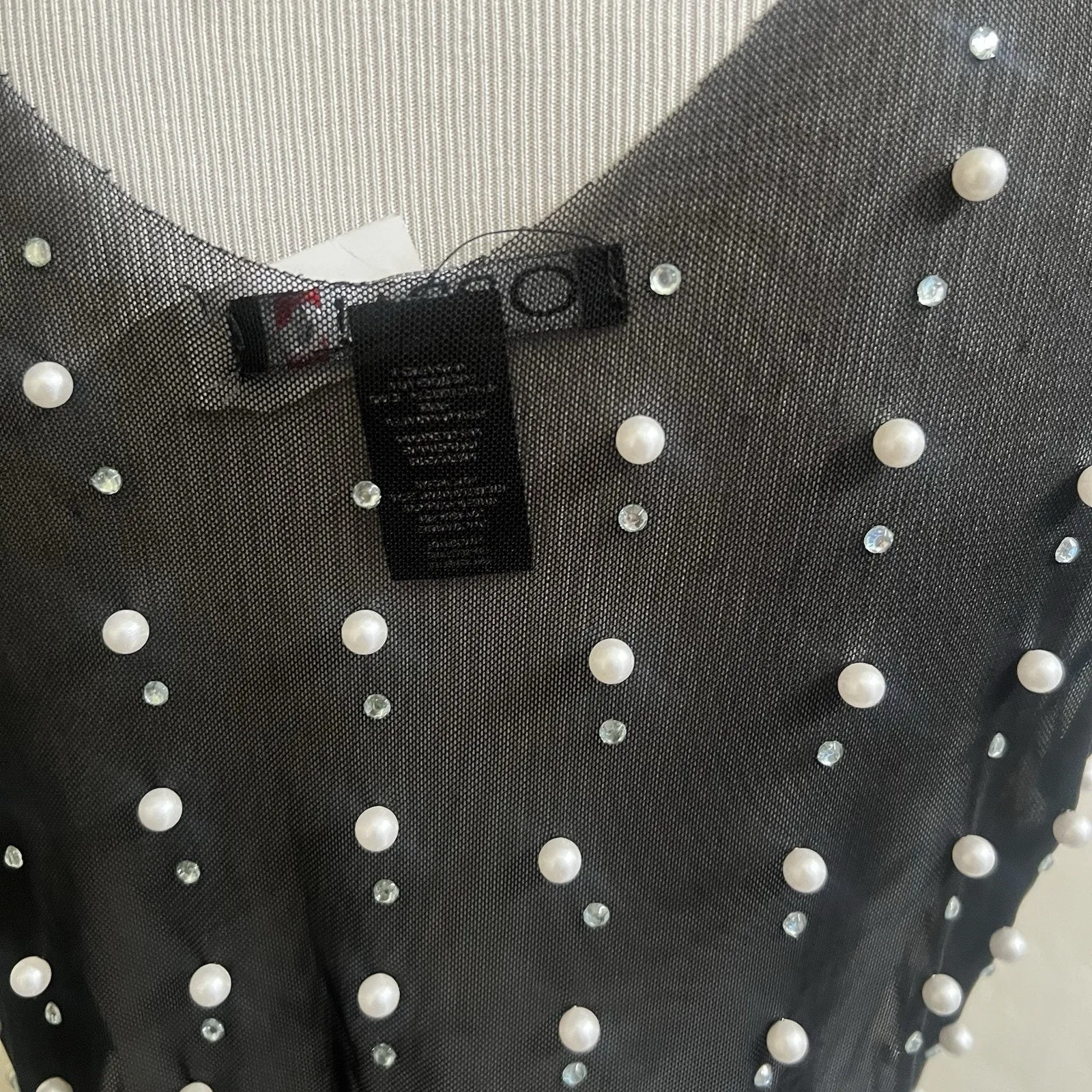 Oppa Pearl Rhinestone Sheer Mesh Crop Top Sexy See Through Short Sleeve NWT S Black - Image 11