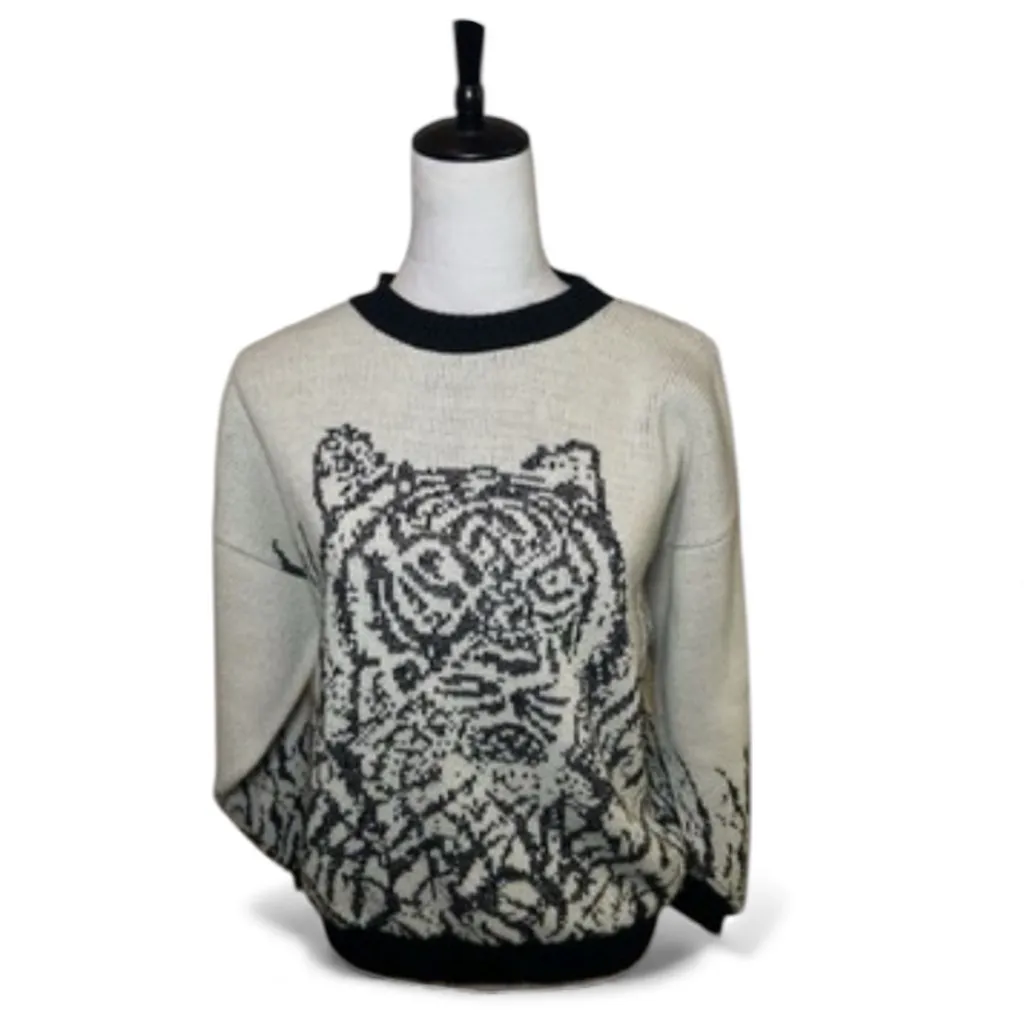 Vintage 80s Tiger Sweater Novelty Big Cats Black Cream Mobwife Made in the USA Size L - Image 2