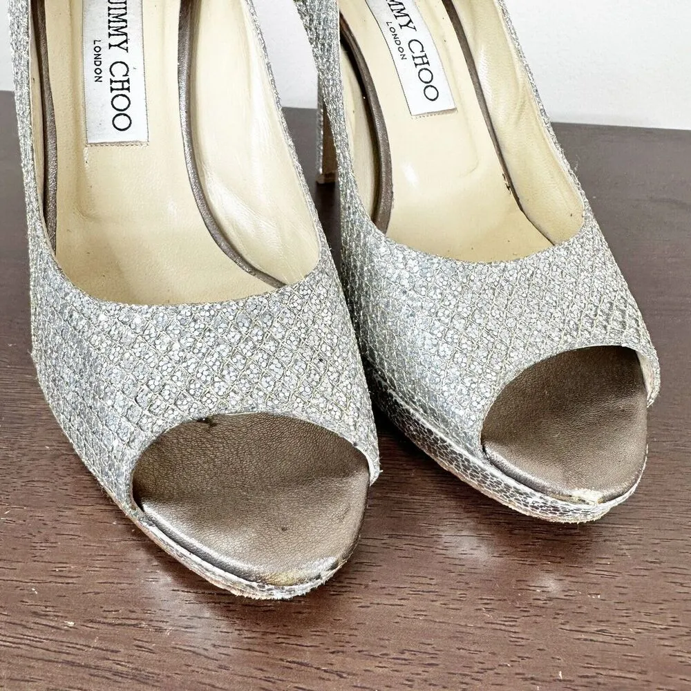 Jimmy Choo Heels Women's 38.5 Peep Toe Glitter Platform Pumps Silver Stilettos - Image 4