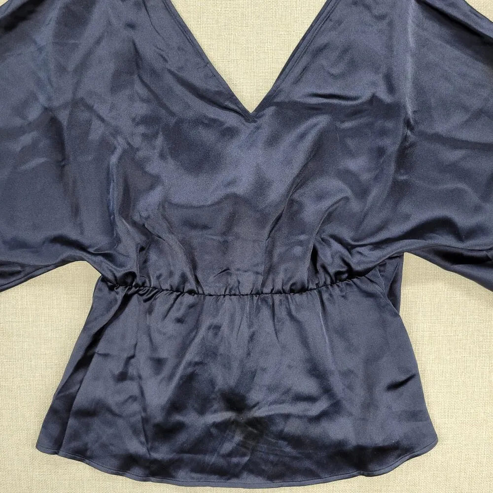 Pleione Womens Blouse S Navy Blue Satin Front Twist V-Neck Kimono 3/4 Sleeve - Image 10