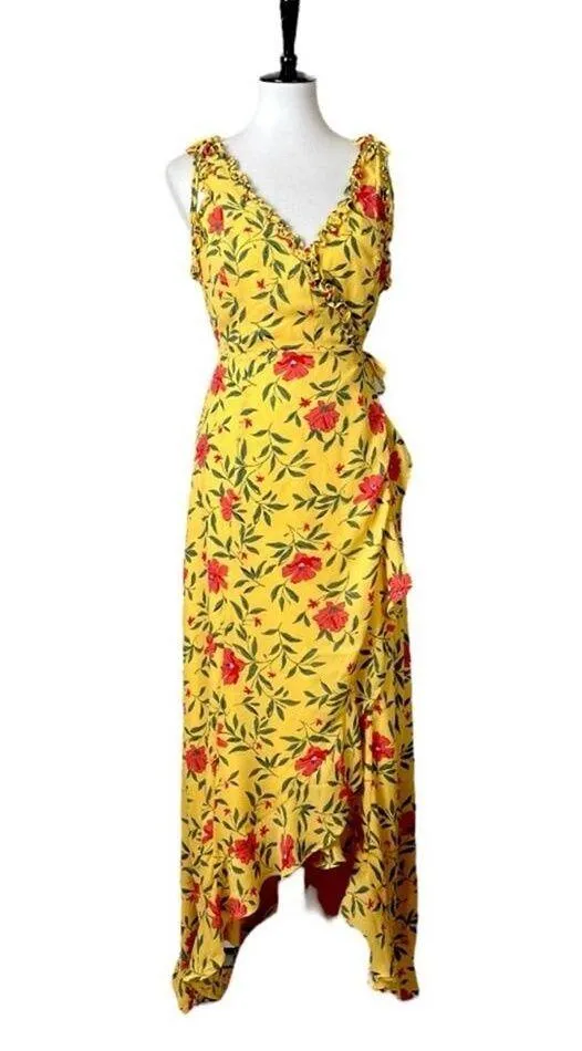 Lulus Wrap Dress Hi Low Maxi V-neck Yellow Multi Floral Women’s Size Medium M - Image 15