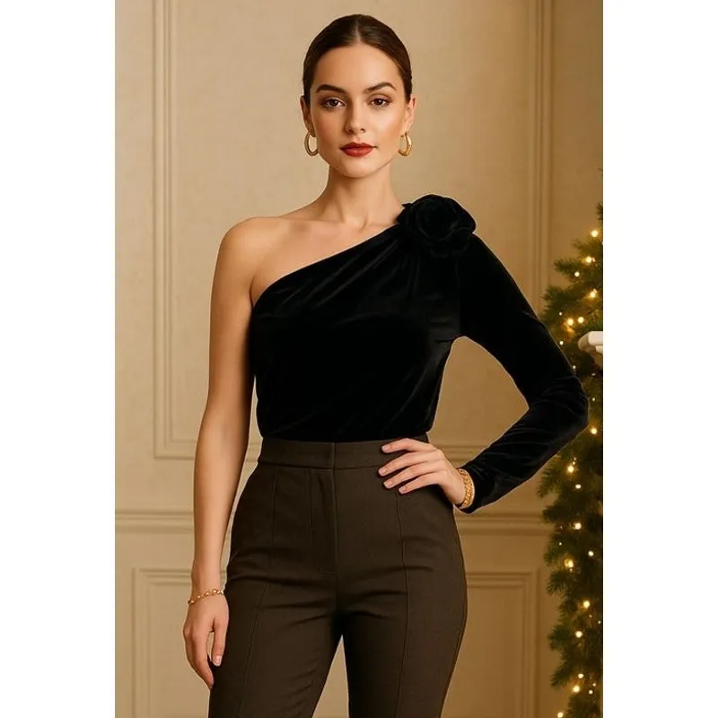 Abercrombie Y2K Asymmetric Sleeve Shoulder Rose Top Large Black Retro Whimsigoth - Image 3