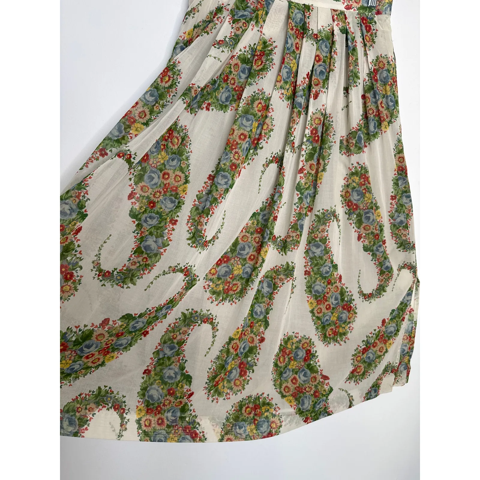 1980s Geiger Austria Floral Cotton Midi Skirt prairie folk retro Size 42 Medium White - Image 10
