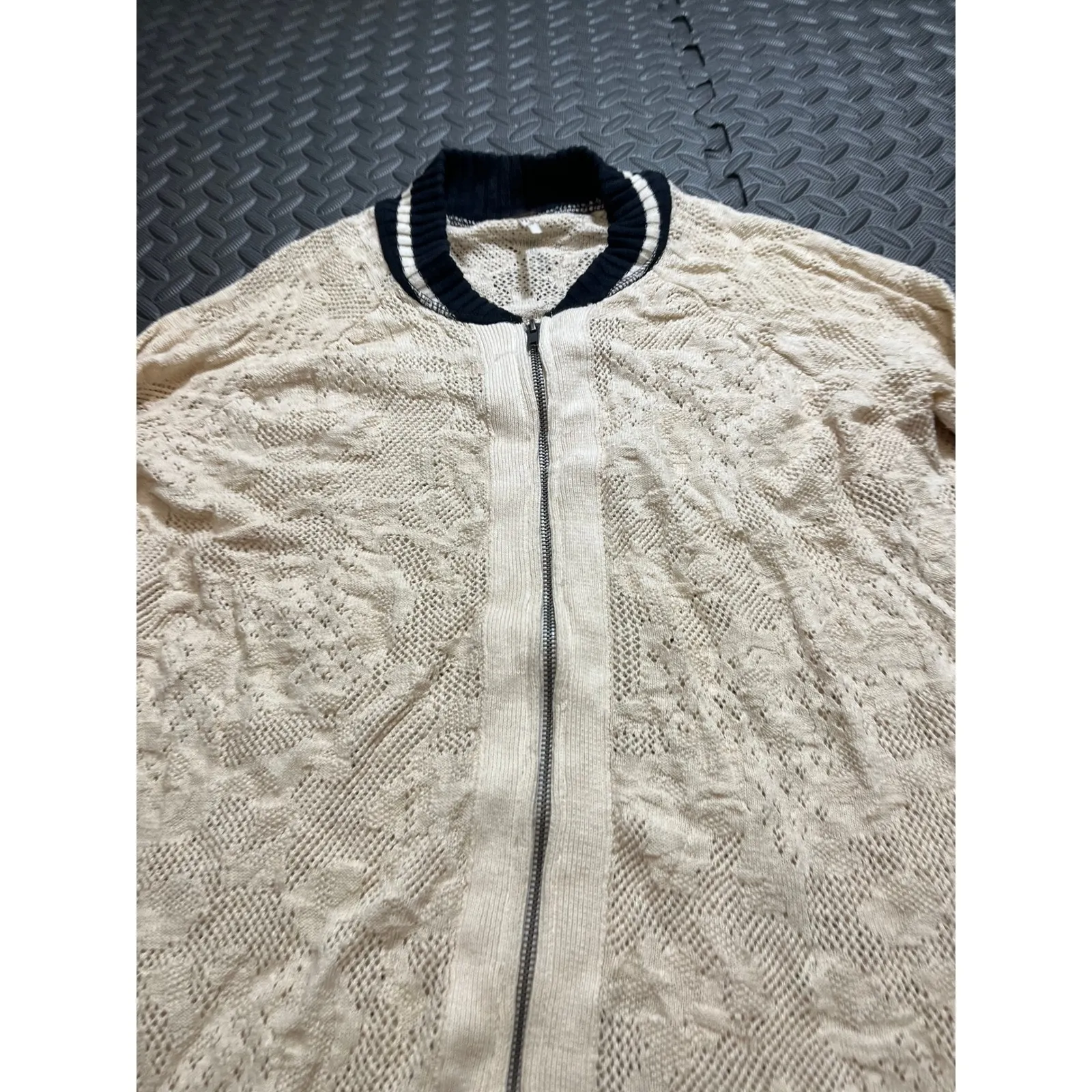 Free People XS Ivory Crochet Bomber Cardigan Lace Full Zip Knit Jacket - Image 3