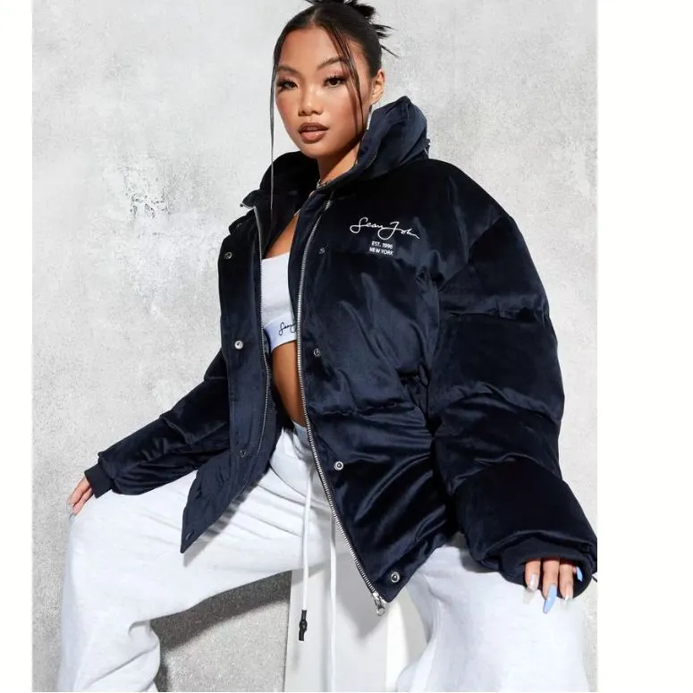 Sean John X Missguided Puffer Jacket Womens 2 US Navy Blue Velour Oversized Y2K - Image 5