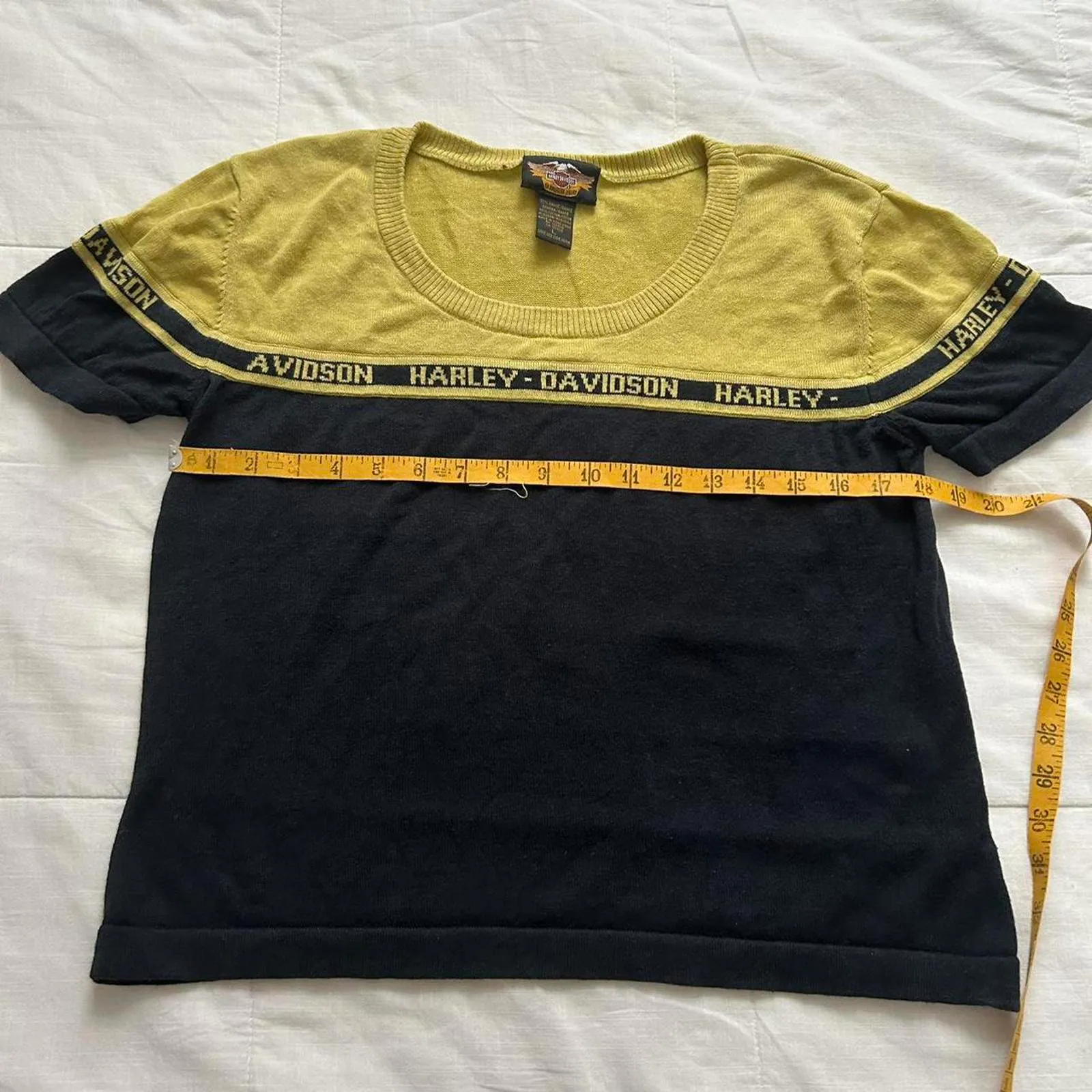 Y2K Harley Davidson greenish yellow and black knit logo intarsia sweater Size M - Image 7