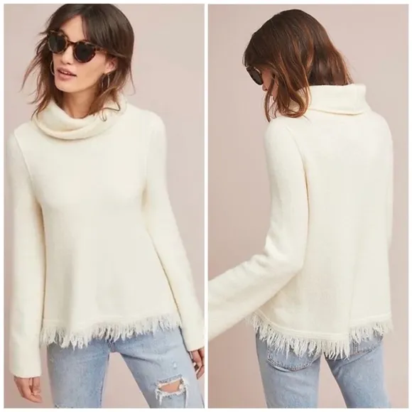 Anthropologie Akemi Kin Wool Alpaca Turtleneck Sweater Sz Small Fringe Trim - Image 2