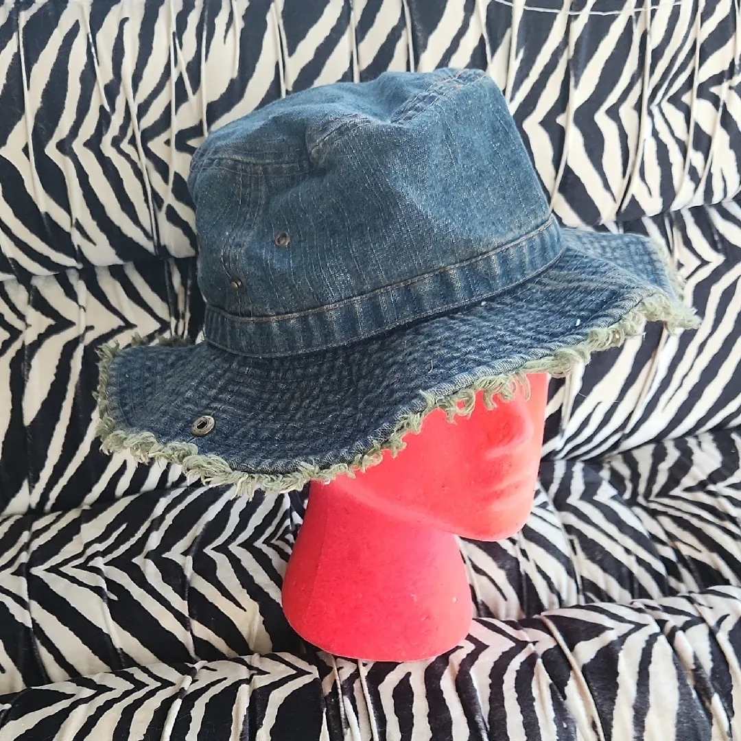 Vintage Frayed Denim Bucket Hat Blue - Image 2
