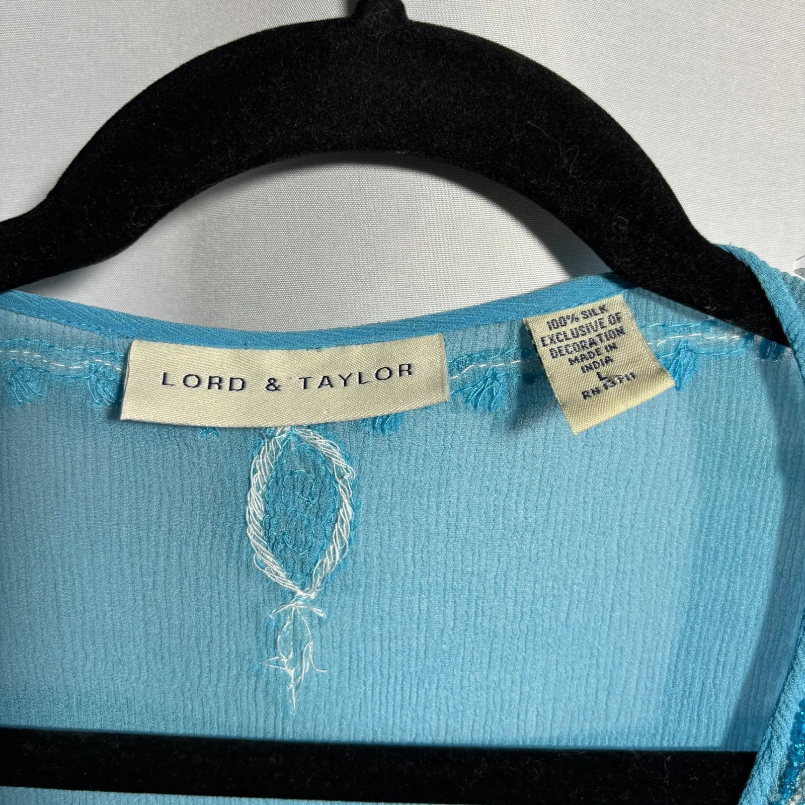 VTG Lord & Taylor Silk Beaded Blue Tunic Top Womens L Long Sleeve Boho Sheer Y2K Size L - Image 4