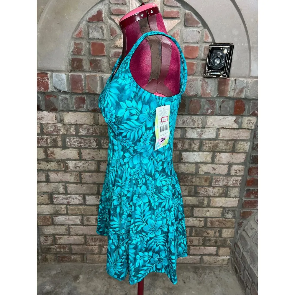 swimsuit swim dress Vintage 1980s one piece V neck blue teal aqua NWT Green Size 16 - Image 9