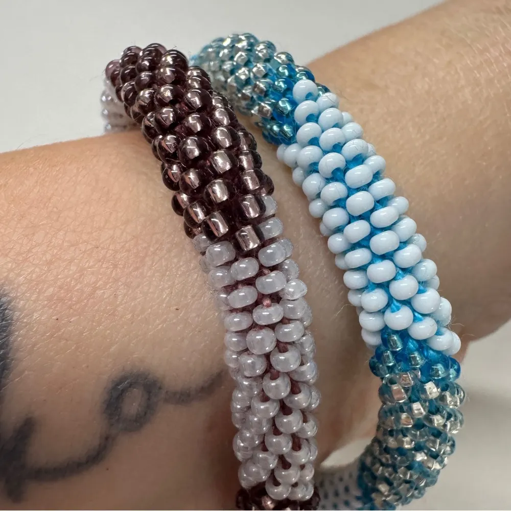 Blue Purple Glass Bead Stretch Bracelet Set of Two Womens Jewelry - Image 4