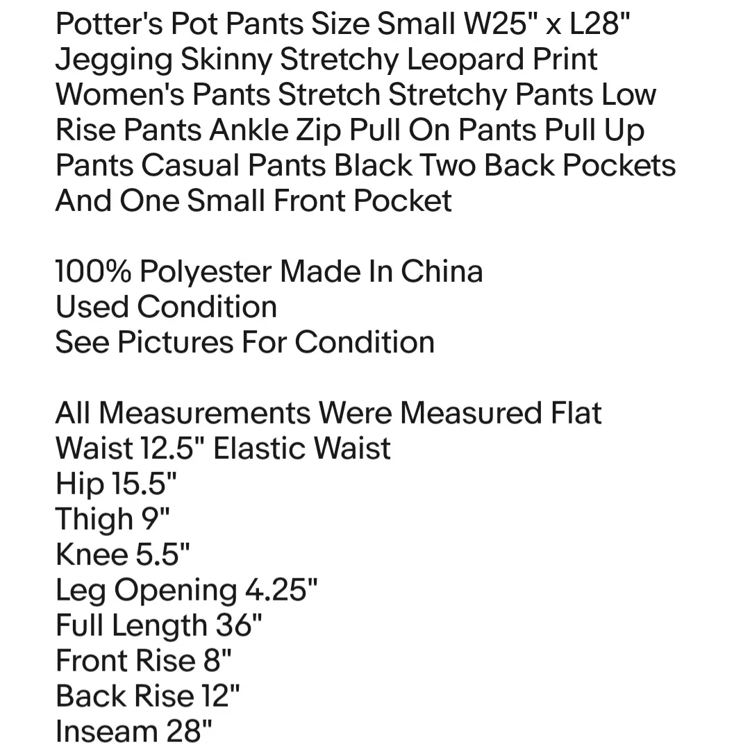 Potter's Pot Pants Size Small W25" x L28" Jegging Skinny Stretchy Leopard Print  - Image 2