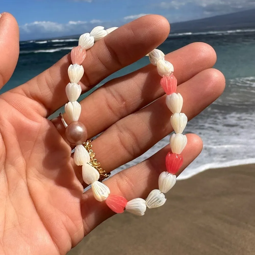 Edison Pearl Mother of Pearl Ivory & Pink Pikake Bracelet Purple - Image 13