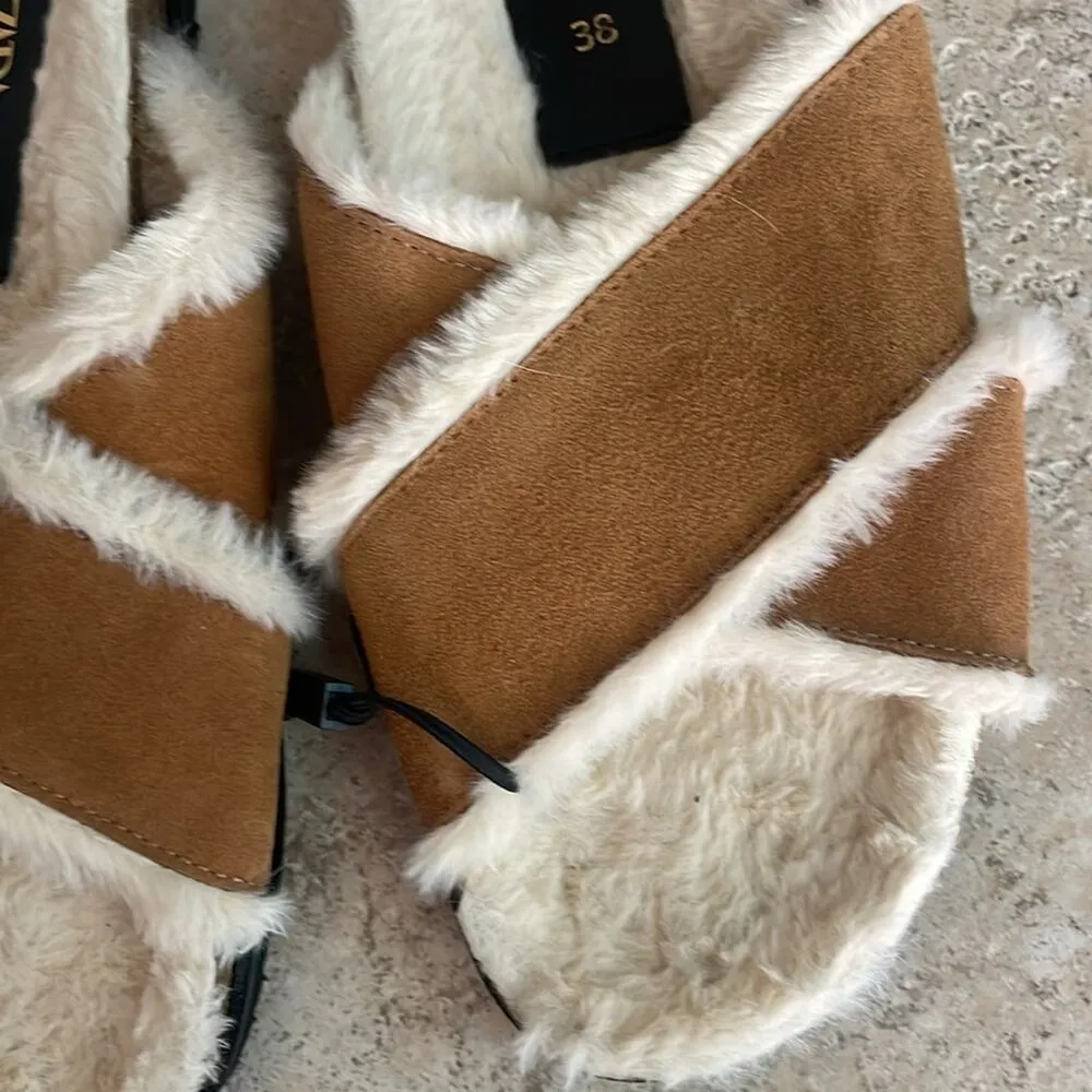 ZARA Faux Fur Lined Leather Slide Sandals - Image 5