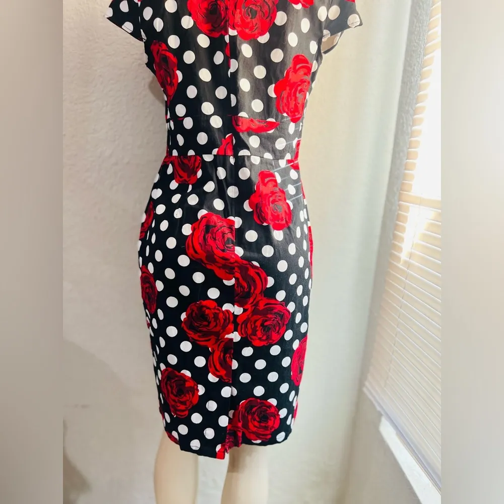 Grace Karin Red roses and black and white polka dots dress. Tea dress L - Image 11