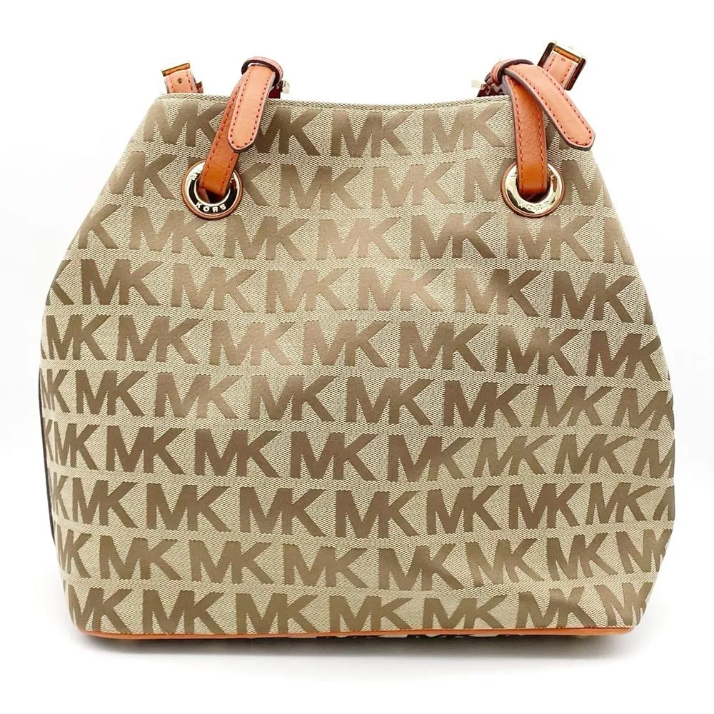NEW MICHAEL Michael Kors Beige Tan Orange Signature Canvas & Leather Tote Large - Image 2