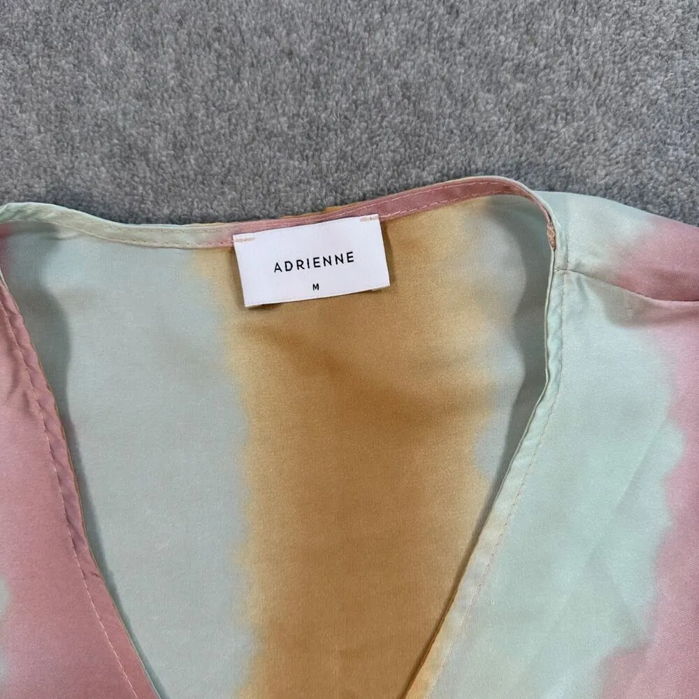 Adrienne Knotted Blouse Women's Medium Butterfly Sleeve V-Neck Satin Gold Blue - Image 3