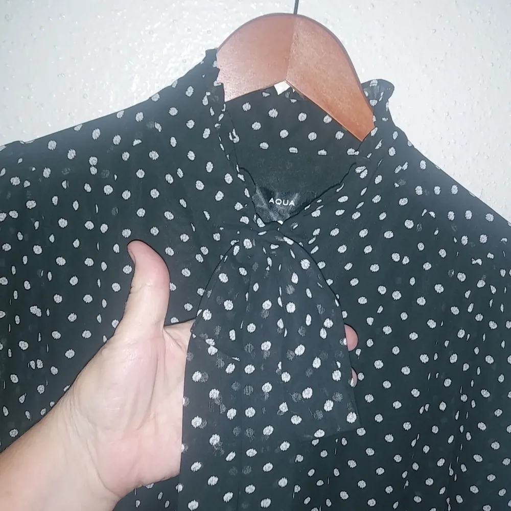 Aqua Bloomingdales S High Sash Neck Belted Fit Flare Dress Black Polka Dotted - Image 12