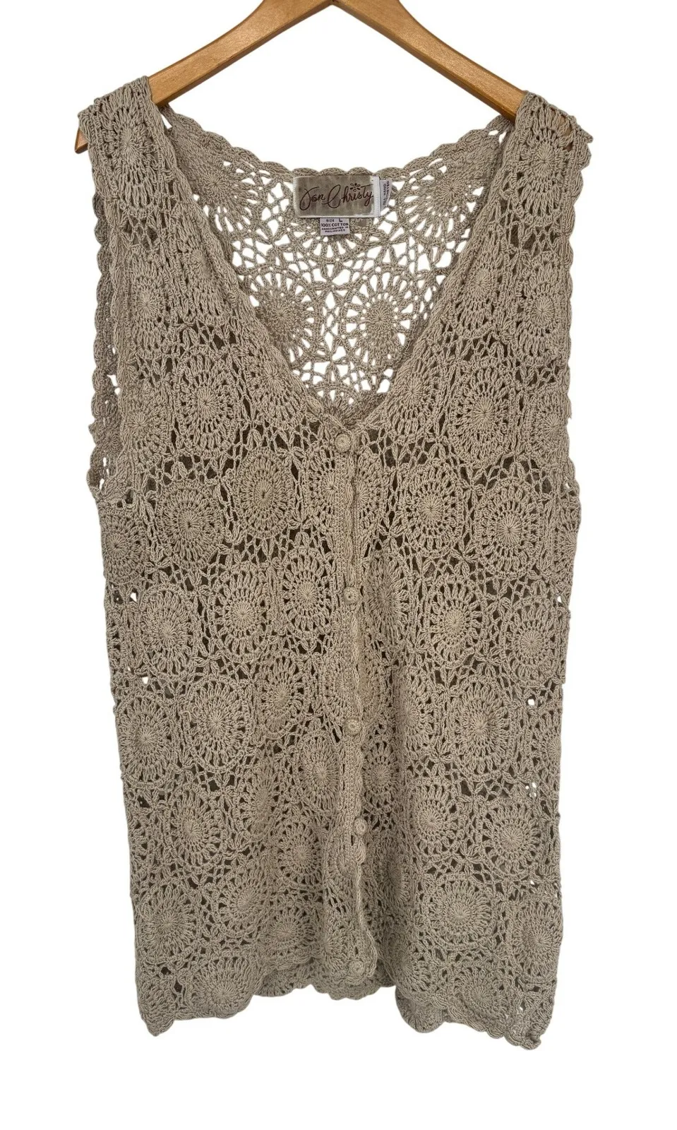 Jon Christy Hand Crocheted Cotton Vest Womens Large Beige Grannycore Open Knit Brown - Image 1