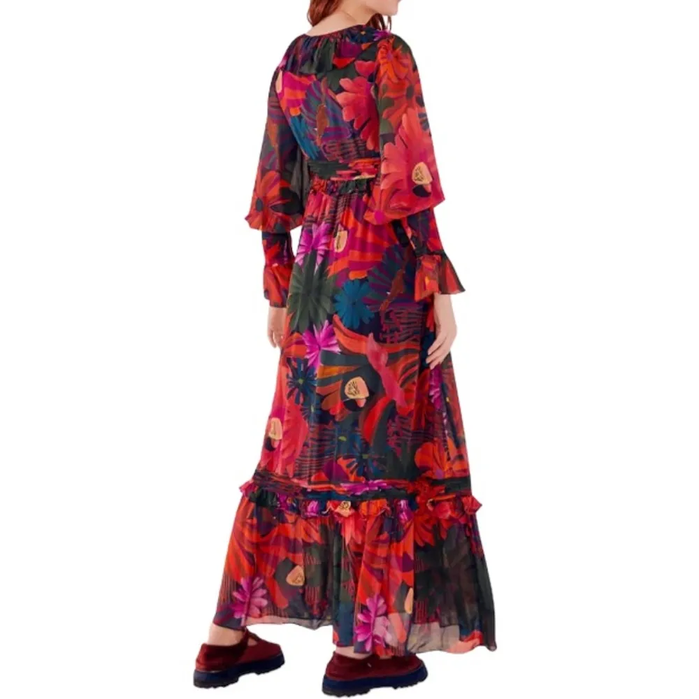 Farm Rio Bird Flowers long sleeve ruffled lace up maxi dress size XS - Image 2