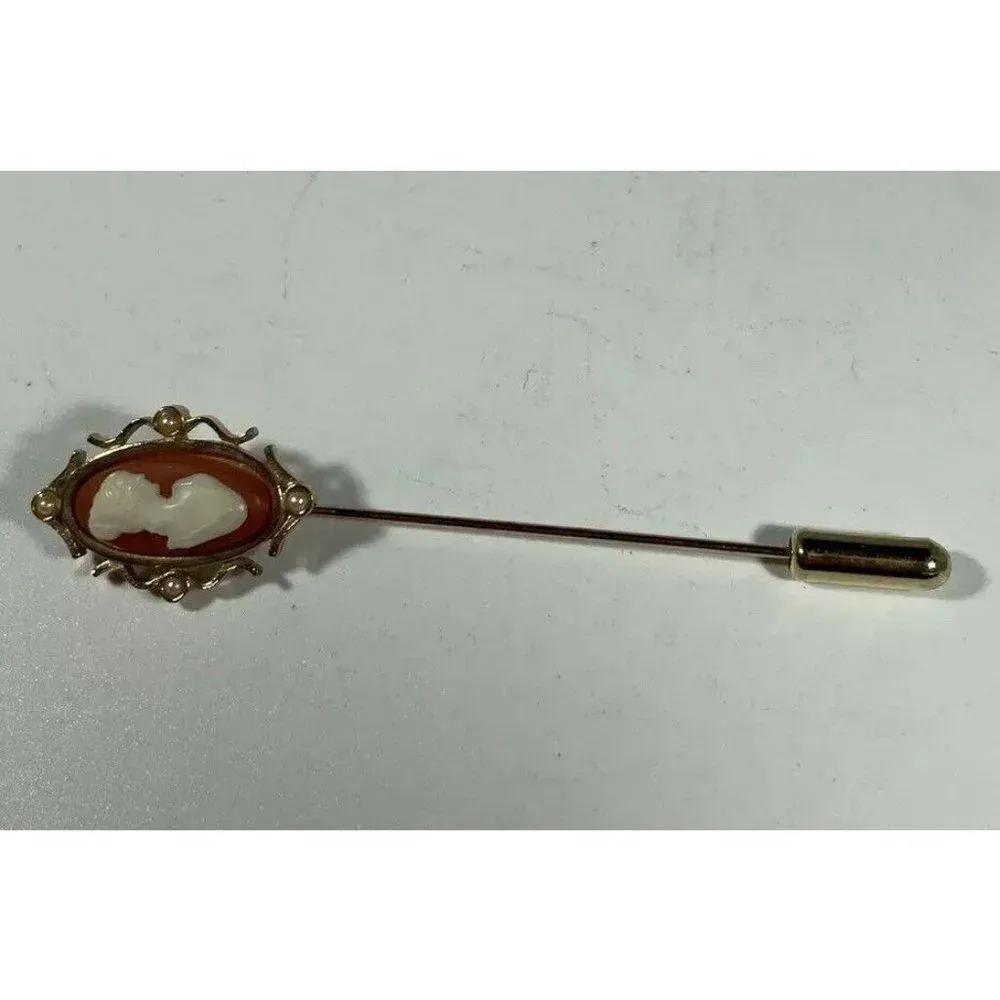 Vintage Victorian Avon Cameo Stick Pin‎ Brooch Goldtone Gold - Image 2