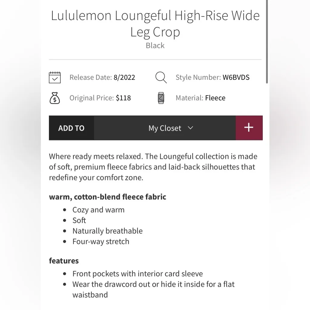 Lululemon Loungeful High Rise Wide Leg Fleece Crop in Black with Pockets Size 6 - Image 6