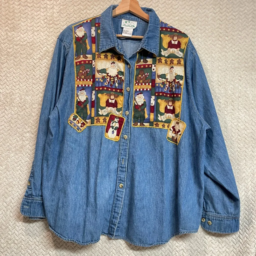 The Quacker Factory Vintage Womens Holiday Santa Denim Longsleeve Button up 2X Blue - Image 4