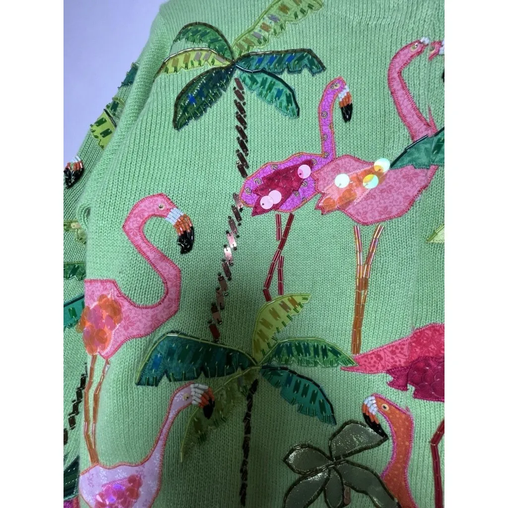 Design Options Vtg Phillip & Jane Gordon Green Flamingo Sequin Cardigan Wmn Sz M Size M - Image 4