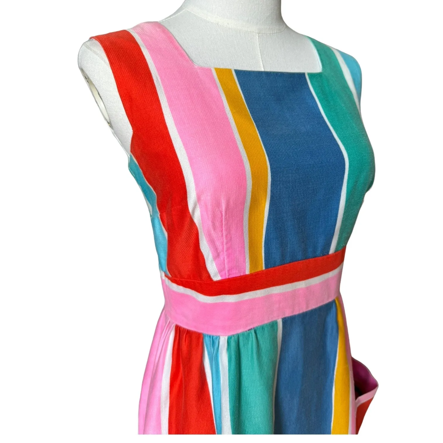 1970s Malia Honolulu Rainbow Stripe Cotton Sundress Pockets Hawaii Vintage small Pink - Image 2