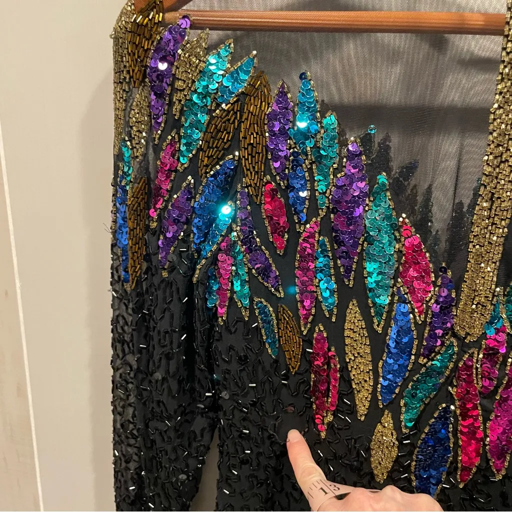 Vintage 80s Nite Line silk mesh beaded sequin floating neckline mini dress fancy Black Size XS - Image 9